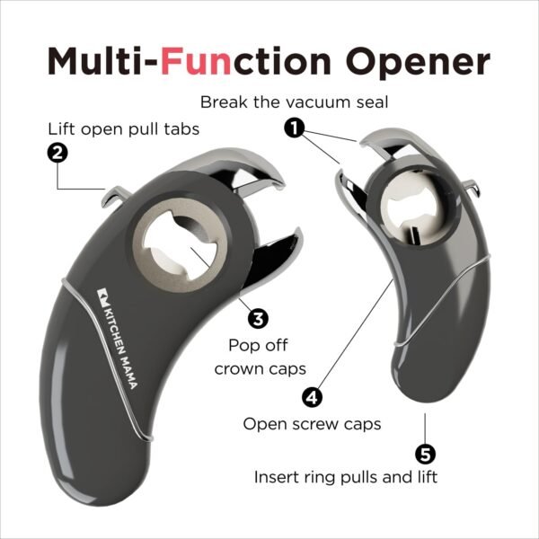 Kitchen Mama Epic One Multifunction Opener: Magnetic Bottle Opener, Beer and Soda Can Opener, Pull Tab and Jar Opener for Weak Hands and Arthritis (Metal Gray) - Image 2