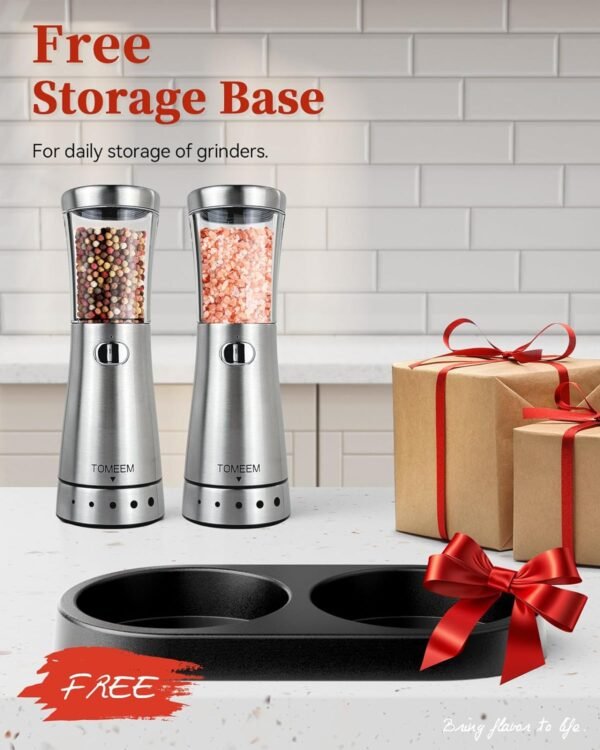 Electric Salt and Pepper Grinder Set with Storage Base, Stainless Steel Rechargeable Salt and Pepper Grinder Set with 4.5 oz Large Capacity, 1.8" Wide Mouth, Adjustable Coarseness, Ideal for Kitchen - Image 2