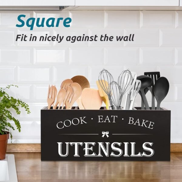 Suli Extra Large Kitchen Utensils Holder with 4 Compartments, Wooden Utensil Organizer for Kitchen Countertop, Farmhouse Kitchen Decor, Rustic Cooking Utensil - Black - Image 2
