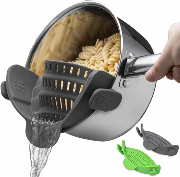 2 Pack Kitchen Gizmo Snap-On Strainer - Silicone Clip-On Strainer for Pots and Pans - Collapsible Design - Heat Resistant Colander for Vegetables and Noodles - Ideal for Rice, Grains - Green/Grey - Image 2