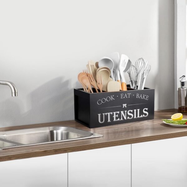 Suli Extra Large Kitchen Utensils Holder with 4 Compartments, Wooden Utensil Organizer for Kitchen Countertop, Farmhouse Kitchen Decor, Rustic Cooking Utensil - Black - Image 3