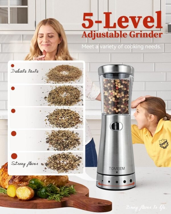 Electric Salt and Pepper Grinder Set with Storage Base, Stainless Steel Rechargeable Salt and Pepper Grinder Set with 4.5 oz Large Capacity, 1.8" Wide Mouth, Adjustable Coarseness, Ideal for Kitchen