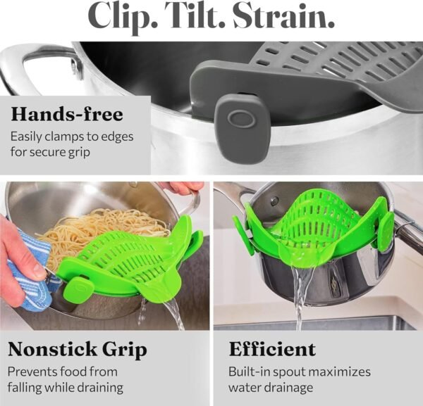 2 Pack Kitchen Gizmo Snap-On Strainer - Silicone Clip-On Strainer for Pots and Pans - Collapsible Design - Heat Resistant Colander for Vegetables and Noodles - Ideal for Rice, Grains - Green/Grey - Image 3